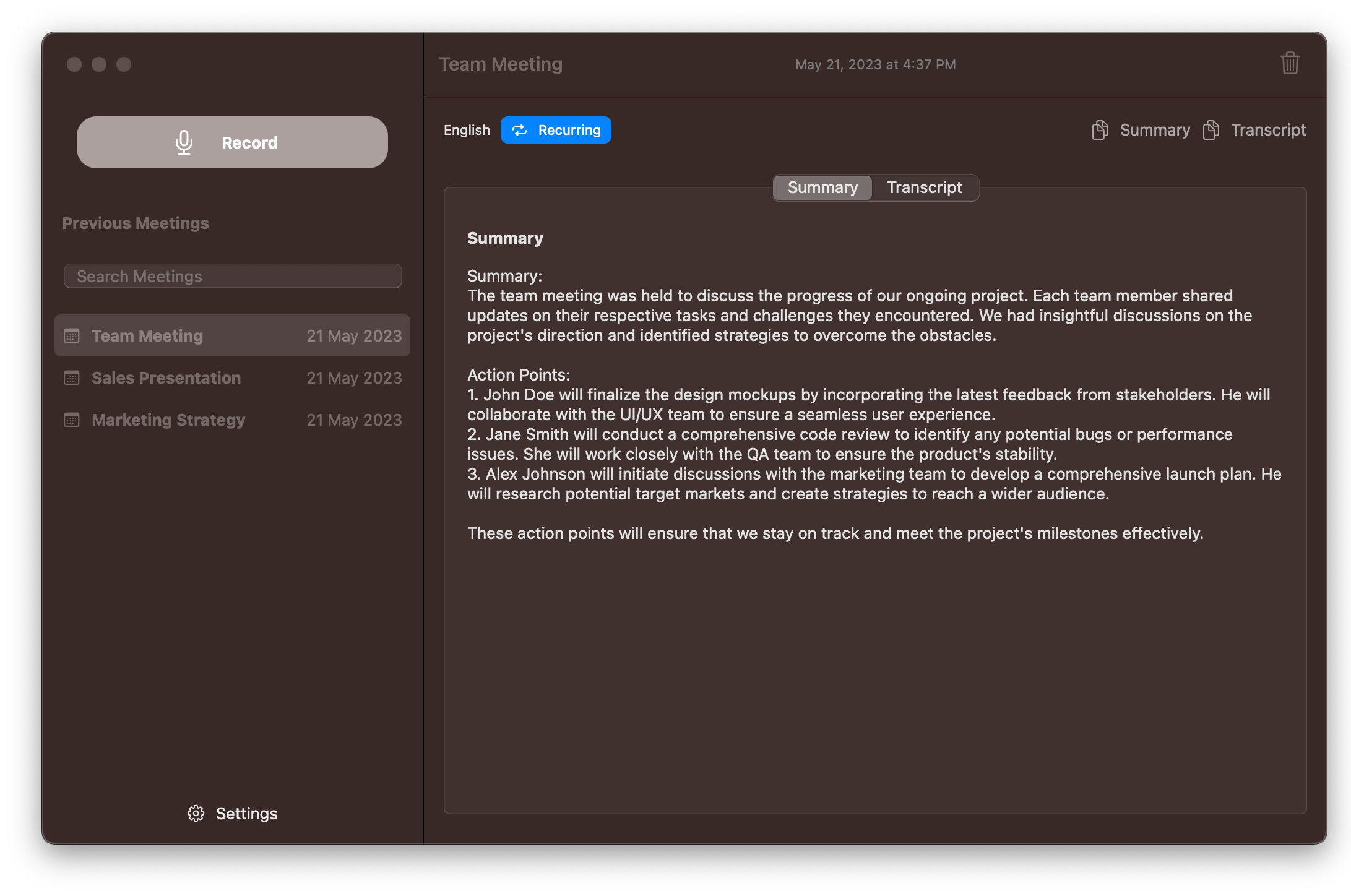 screenshot of MeetingFusion, an app providing automatic meeting summaries